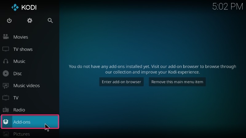 kodi addons menu