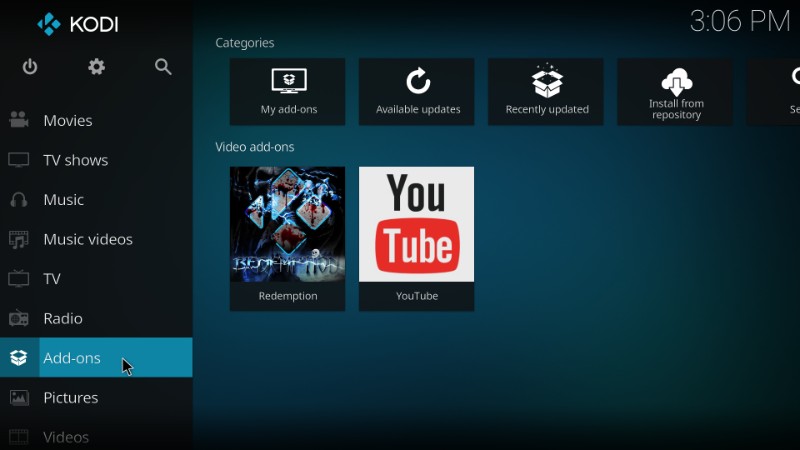 kodi addons menu