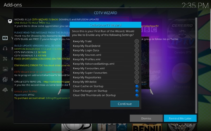 cellardoor tv wizard settings