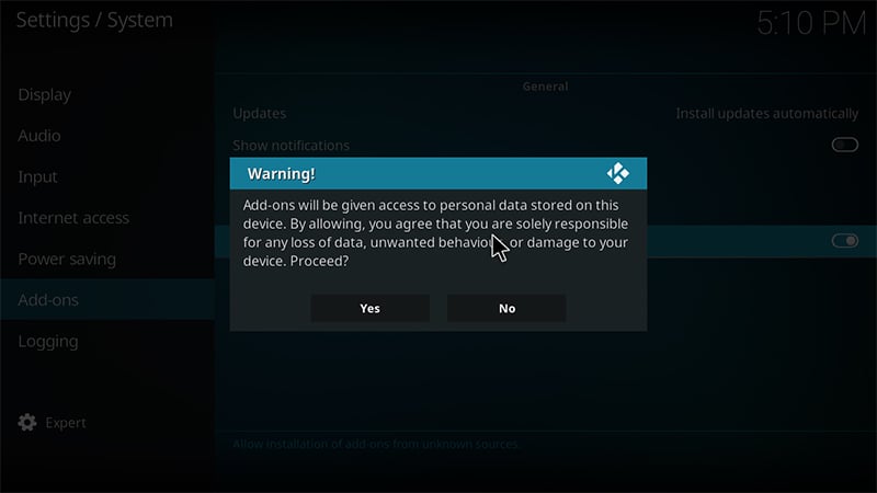 kodi unknown sources warning