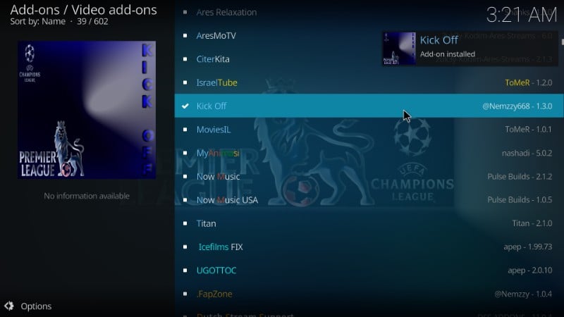 kick off kodi addon installed