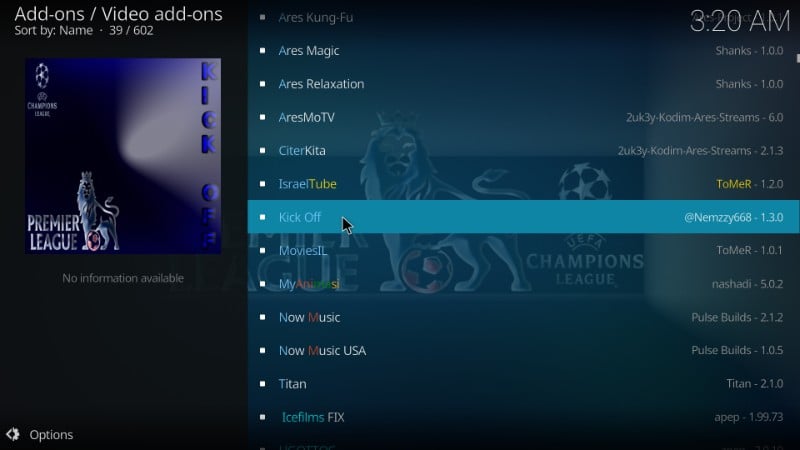 how to install kick off sports addon