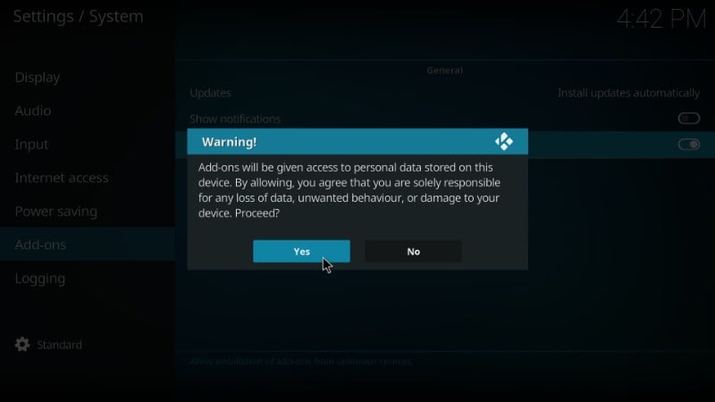 kodi unknown sources warning