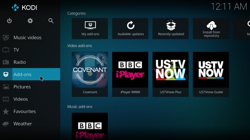 kodi addons menu