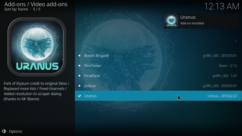 uranus kodi addon installed