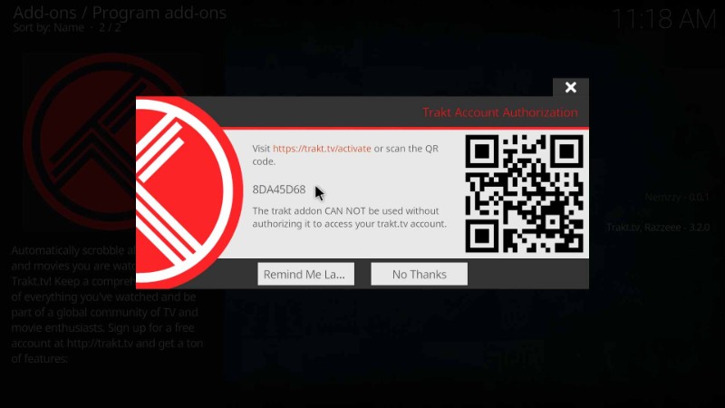 trakt activation code on kodi