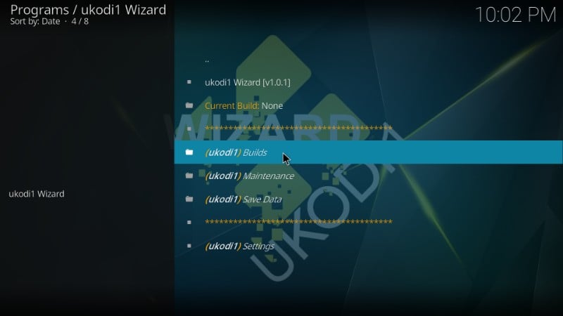 UKodi1 Builds menu