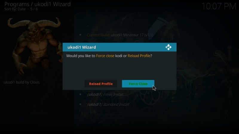 force close kodi to reload UKodi1 Build