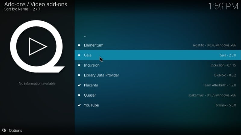 Gaia addon on kodi