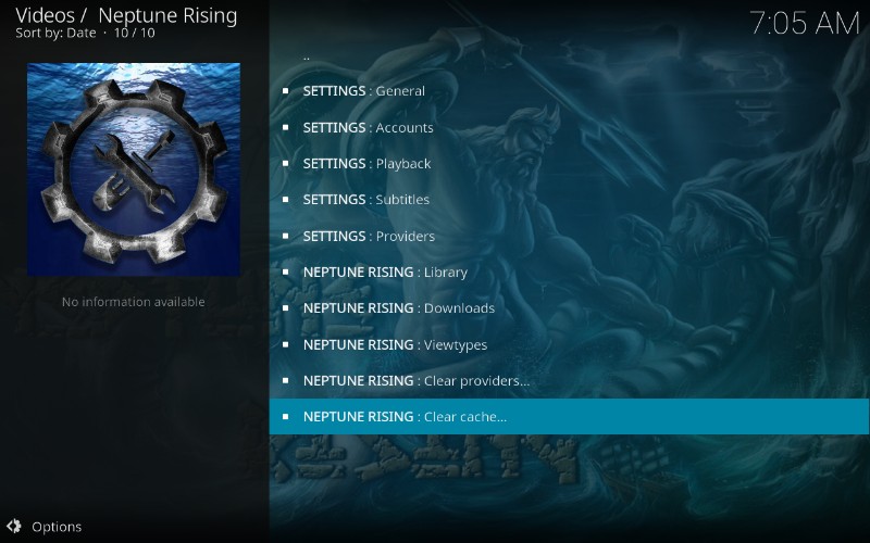 clear cache on neptune rising kodi addon