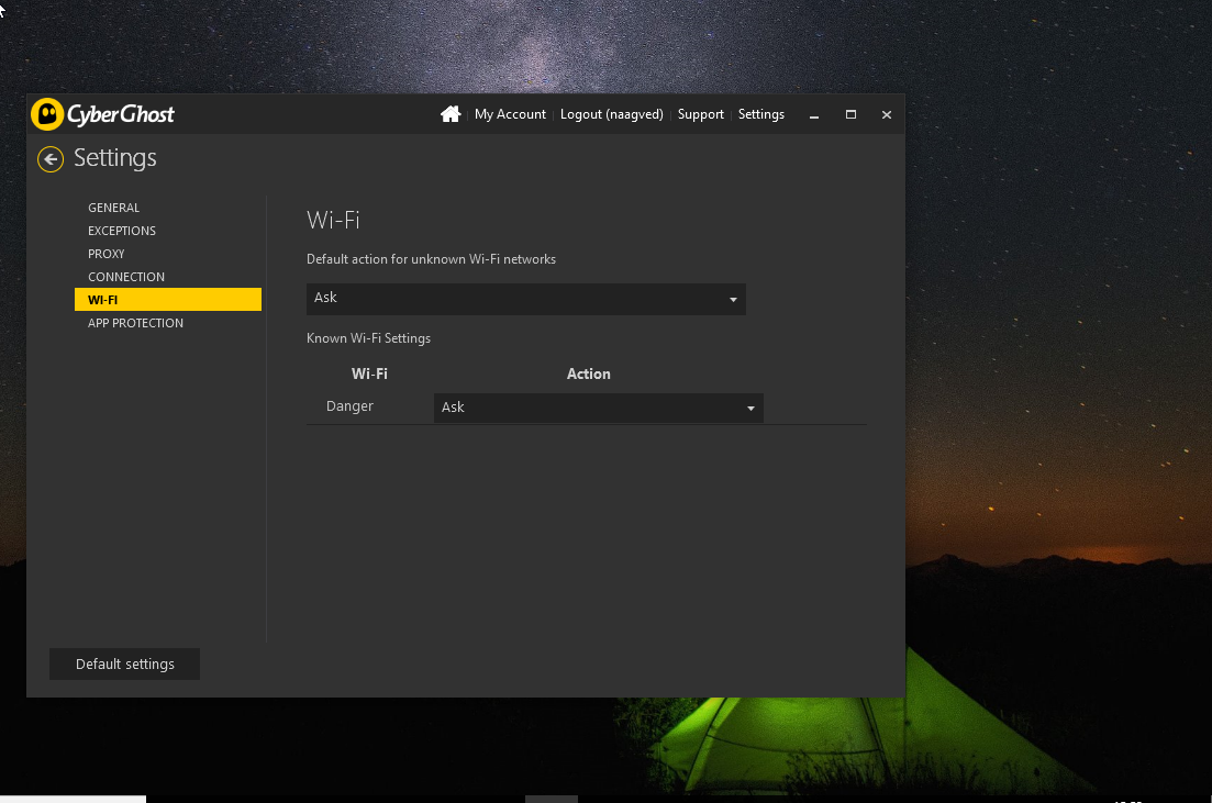CyberGhost VPN settings Wi Fi