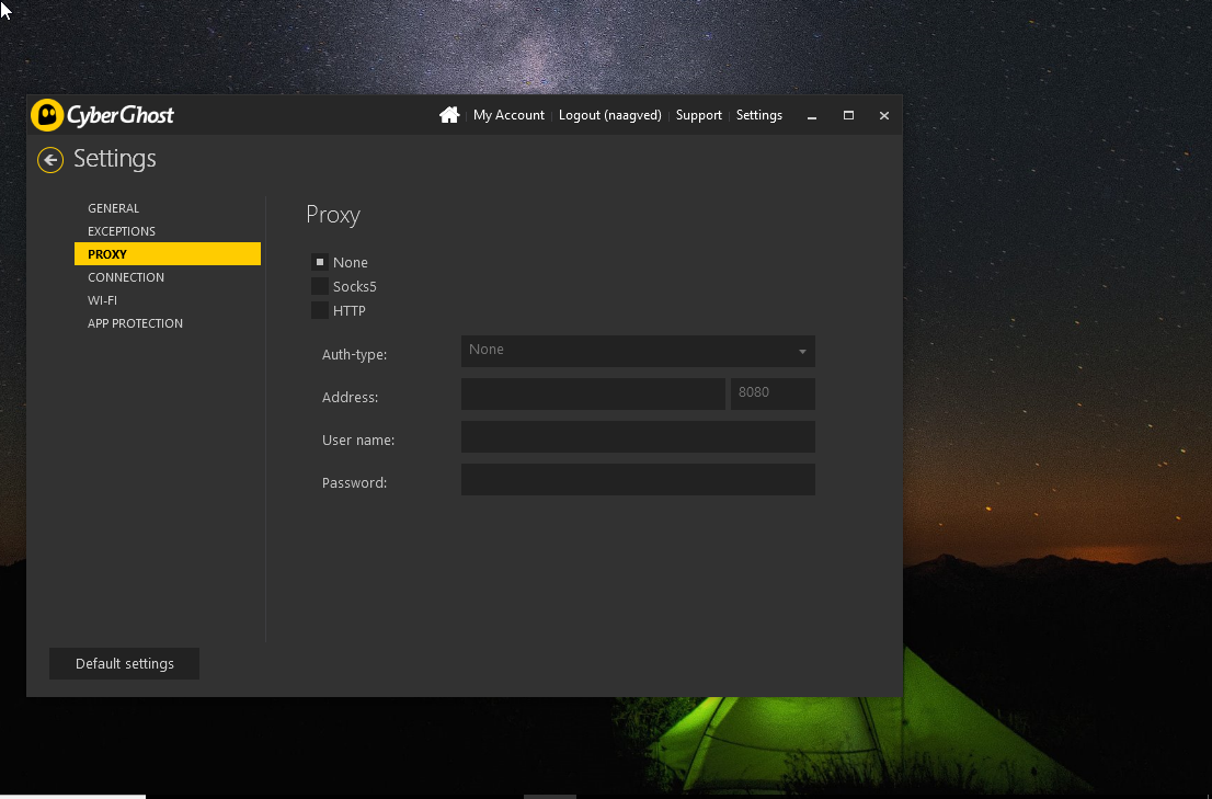 CyberGhost VPN settings Proxy