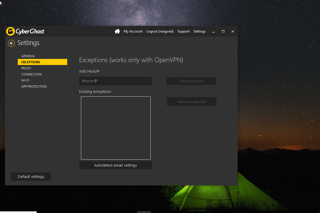 CyberGhost VPN settings Exceptions