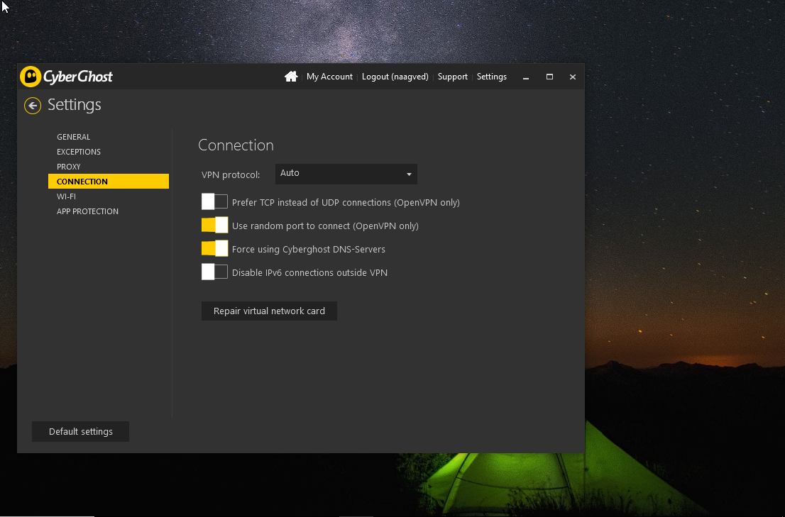CyberGhost VPN settings Connection