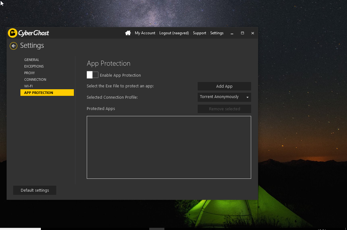 CyberGhost VPN settings App protection