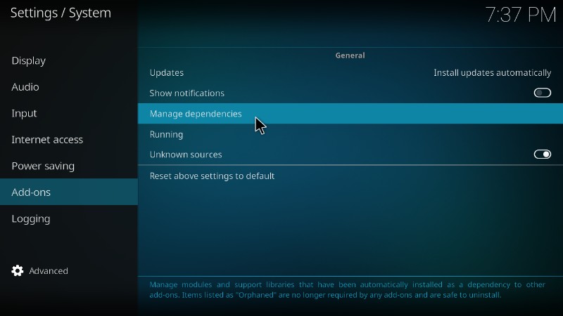 kodi manage dependencies