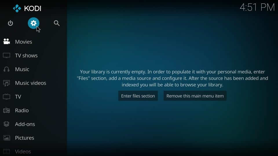 Select the Settings icon on Kodi home