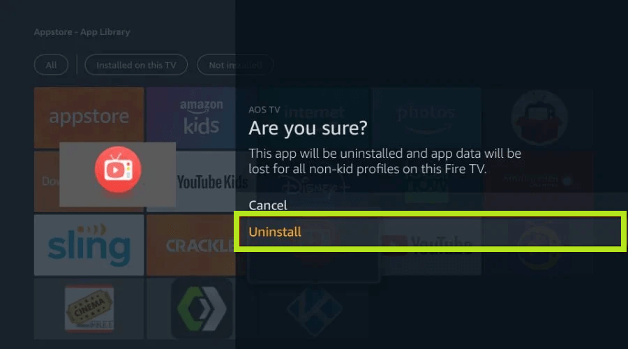 Uninstall option of the AOS TV for confirmation  to delete apps on Firestick.