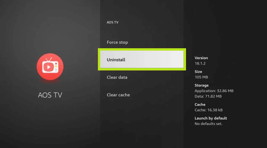 Uninstall option of the AOS TV to delete apps on Firestick.