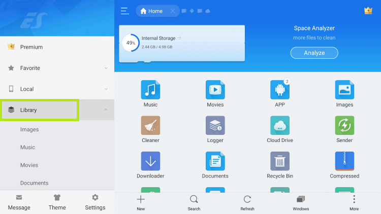 Library option of the ES File Explorer app.