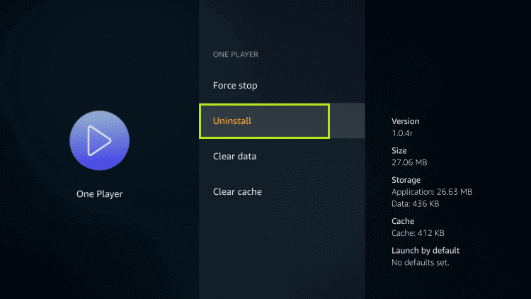 Uninstall option of ONE PLAYER app to delete apps on Firestick..