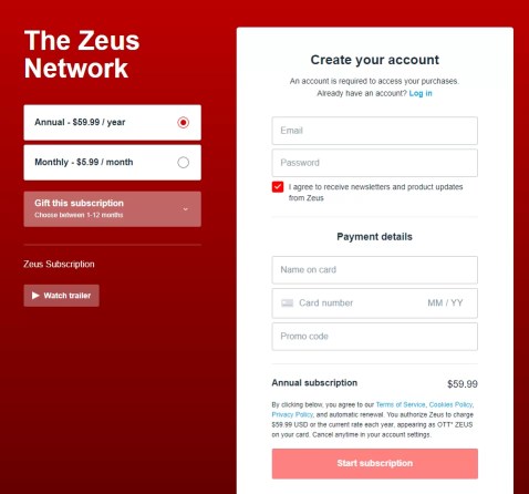 Zeus Network Subscription plans