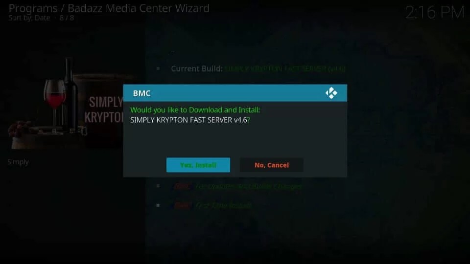 Tap on Yes Install to get BMC Kodi Build